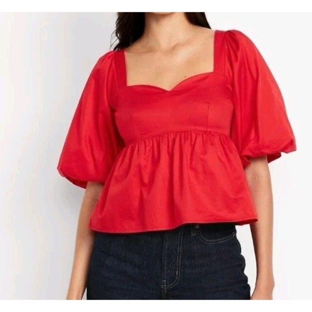 NWT Women's Old Navy Puff Sleeve Poplin Peplum Top Size XXL Red